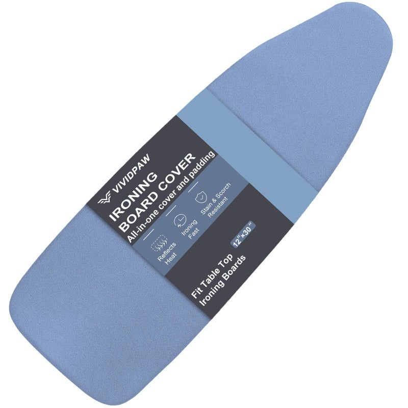 VividPaw Small Ironing Board Cover and Pad 12.5 x 30  Elastic Edge  Silicone Coated  Resist Scorching  Heavy Duty Padded Cover for Mini Table Top Iron Board (Silicone Coating-Blue  12"" x 30"") - Image 1